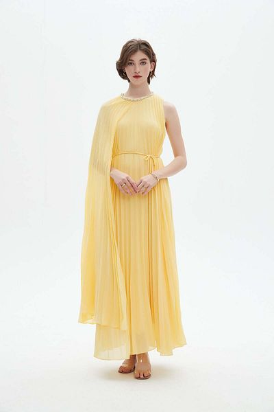 Nichii Sleeveless Long Pleated Dress with Round Neck