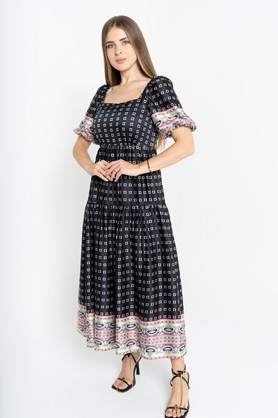 Nichii Short Sleeve Midi Dress with Square Neckline and Print
