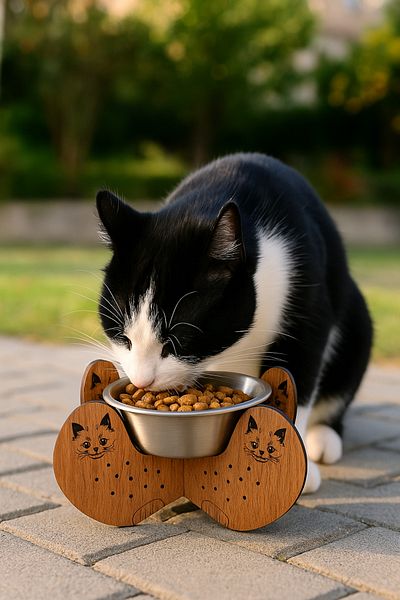 EMSE Cat Dog Food Bowl Wooden and Steel Healthy