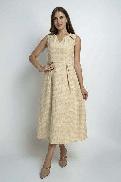 Nichii Women's Solid Midi Dress with Pleats and Keyhole Neckline