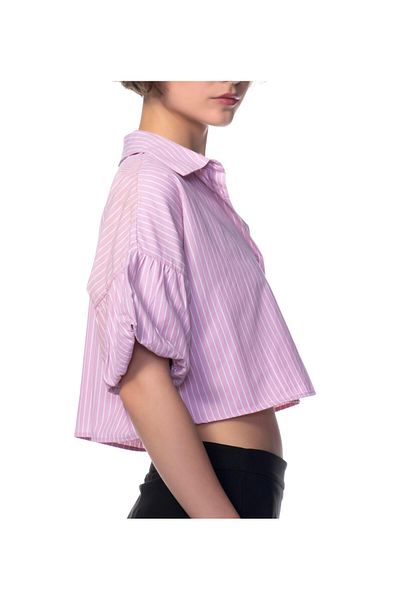 Appleline Women's Sleeve Detailed Oversize Poplin Crop Shirt Pink