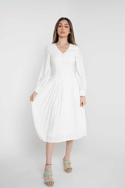 Nichii Women's Solid Midi Dress with Front Buttons and Long Sleeves