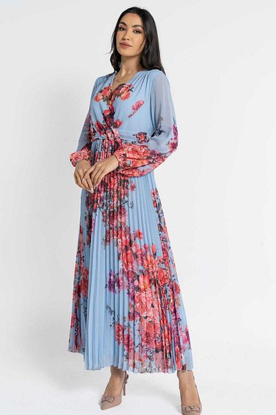 Nichii Women's Pleated Maxi Dress with Long Sleeves