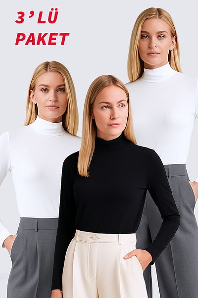 YXL COLLECTION Women's Plus Size Turtleneck Long Sleeve Lycra Combed Cotton Badi - Ecru/Black Set of 3