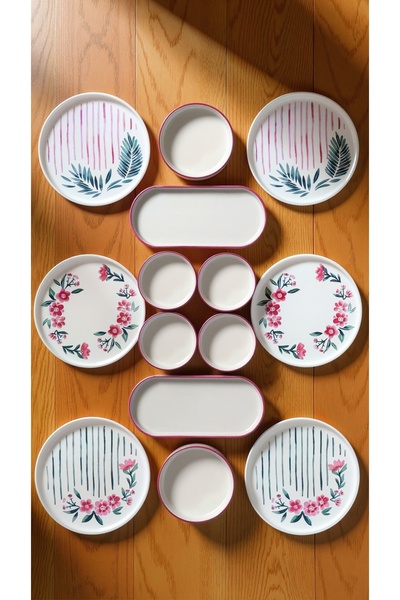Justyol Sakura 14 Piece Stackable Ceramic Breakfast Set for 6 People - Patterned Presentation Set