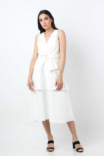 Nichii Women’s Sleeveless Midi Dress with Seven Cutout Neckline and Belt