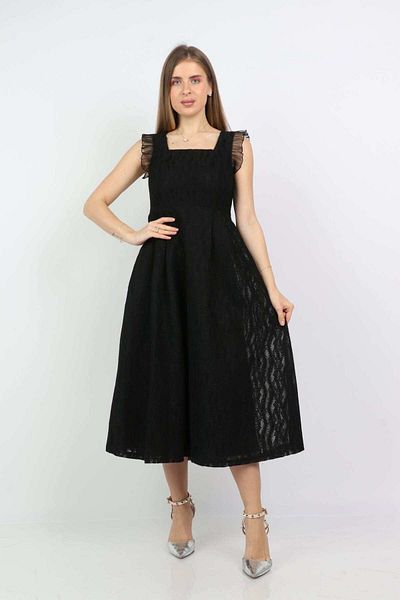 Nichii Women's Midi Dress with Square Neckline and Ruffled Shoulder Detail