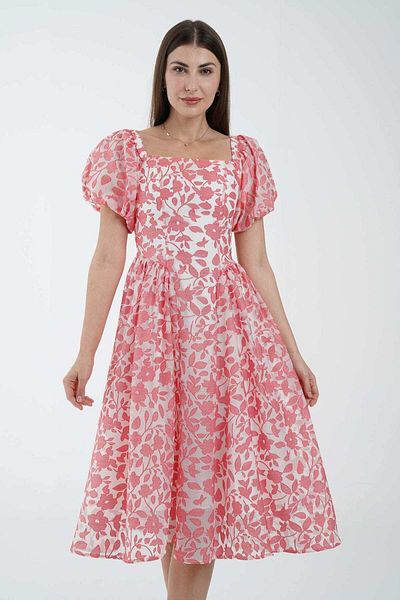 Nichii Floral Short Sleeve Puff Sleeve Midi Dress