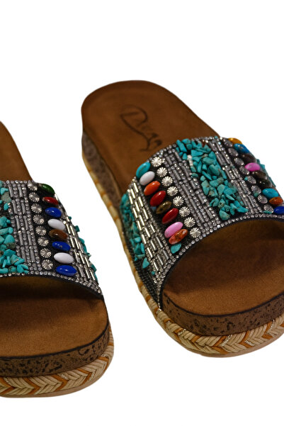 SUNSTEP Ethnic Patterned Striped Black Beaded Women's Slippers – Summer Daily Platform Slippers