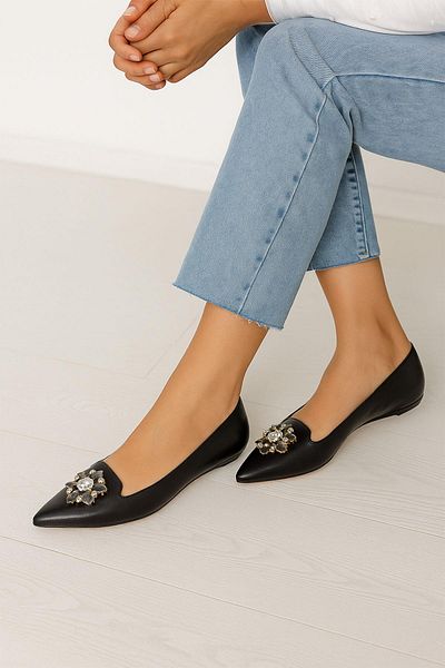 Deriderim Stone Detailed Leather Black Ballerinas