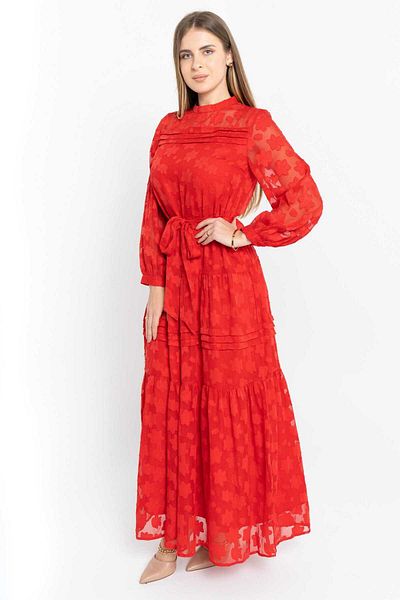 Nichii Women's Sheer Maxi Dress with Waist Tie and Long Sleeves