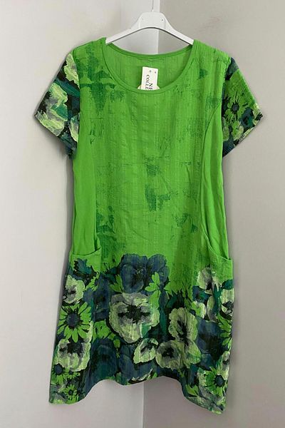 AYASOFYA OTANTIK Women's Italian Green Wildflowers Pattern Short Sleeve Cotton Midi Dress with Bag Pocket