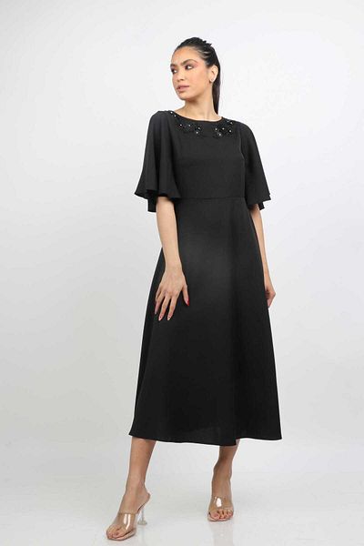 Nichii Classic Solid Midi Dress with Short Butterfly Sleeves