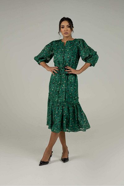Nichii Short Sleeve Printed Ruffled Midi Dress with Front Buttons