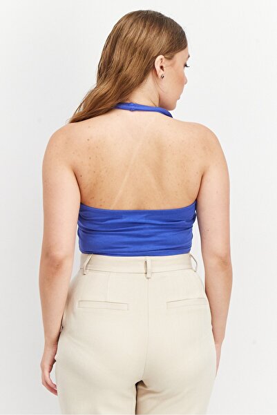 Sinsay Women Halter Neck Sleeveless Plain Crop Tops, Blue