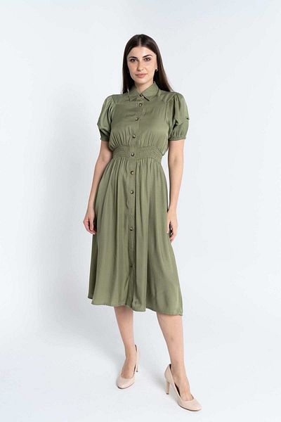 Nichii Umayma Short Sleeve Buttoned Cinched Midi Dress