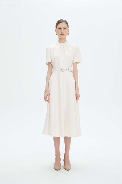 Nichii Embroidered Floral Short Sleeve Midi Dress with Belt