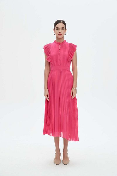 Nichii Pleated Short Sleeve Midi Dress with Buttons at the Chest