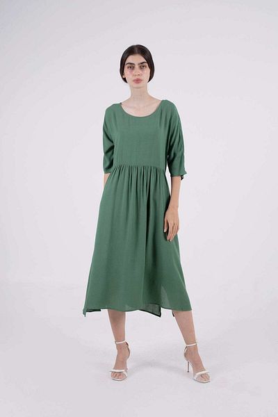 Nichii Women's Loose Midi Dress with Round Neck and 3/4 Sleeves