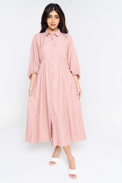 Nichii Women's Ruffled Waist Solid Midi Dress with 3/4 Sleeves and Collar