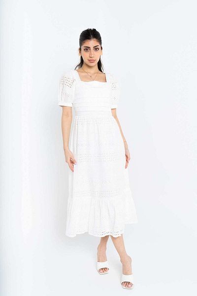 Nichii Women's Midi Dress with Open Top and Short Sleeves, Lace Trim