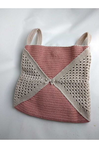 RELYA Women's Beige Two Color Macrame Knitted Snap Fastener Postman Hand Shoulder Bag Width 32 cm Length 33 cm Depth 2 cm