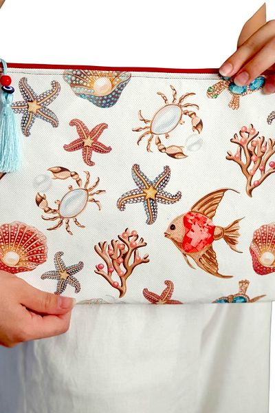 Uretti - Sümeyya 2589 8814 Handmade Ethnic Sea Themed Bead Embroidered - Light Blue Tasseled Clutch