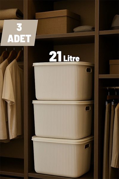 Bayev Colors Cream 3 Pieces 21 Lt Closet Organizer Organizer Toy Box Storage Box with Lid