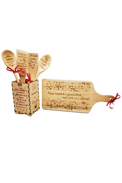 OEM Personalized Kitchen Set 'Our Godmother is a Cook', 6 Pieces - Wooden Holder, Chopping Board, Spoons