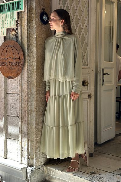 Birgül Bektaş Green Tie Detail Chiffon Skirt Set