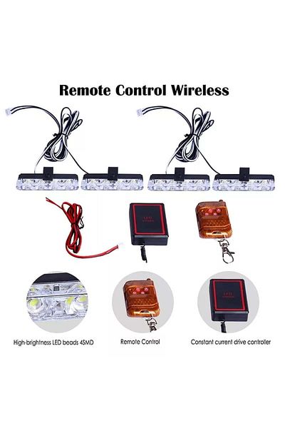 BGRJ Automotive Set of 4 white strobe lights for grille, remote control, 7 functions, 12V