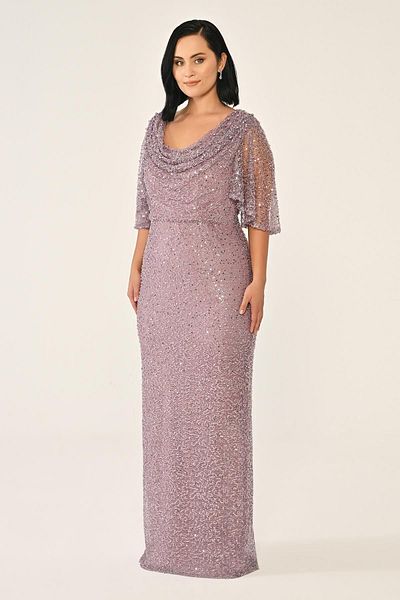 ALFABETA Women's Boat Neck Sequin Patterned Long Length Sleeves Tulle Detail Li̇la Evening & Graduation Dress Ab6903-Li̇