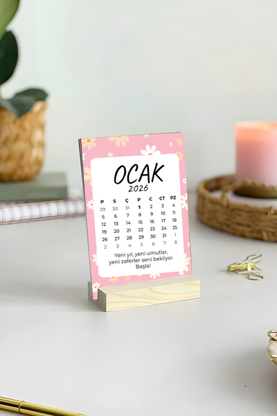 Anime Marketi Çiçek Desenleri 2026 Yılı Ahşap Standlı Masa Takvimi