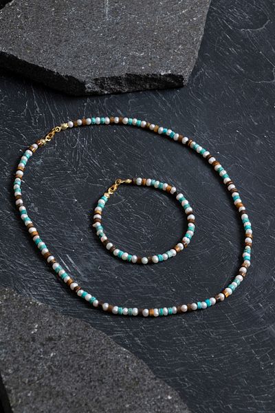 OSMANLI DOĞAL TAŞ Certified Pearl Tiger Eye Turquoise Silver Closure Natural Stone Set