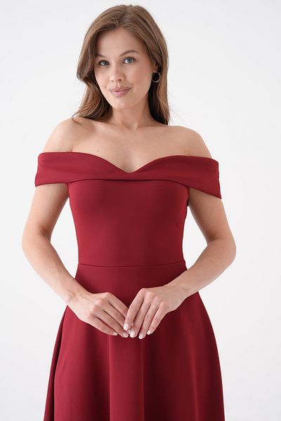 lovebox Burgundy Stretchy Scuba Fabric Strapless Neckline Flared Cut Midi Dress 77128