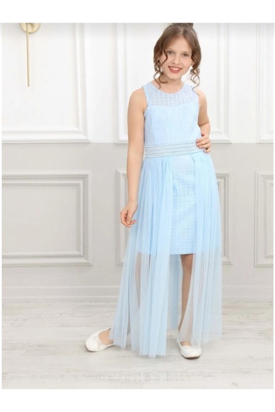 ÖZNUR GİYİM Belden Tüllü Zarif Kız Cocuk Mavi Mezuniyet Düğün Abiye Elbisesi