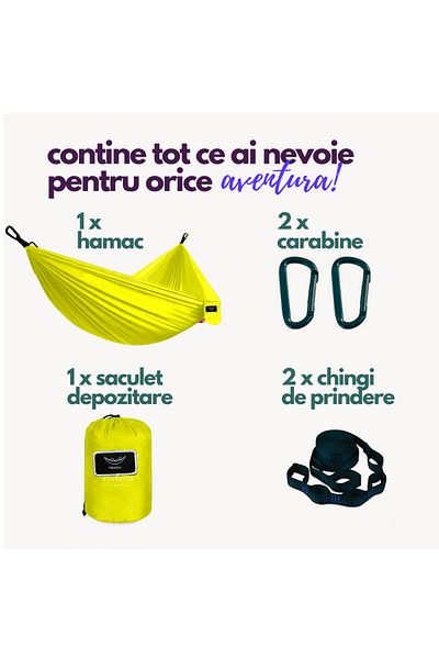 hikerjoy Hamac PRO ripstop 70D, ultra ușor 270x150 cm, cu chingi & carabine, galben
