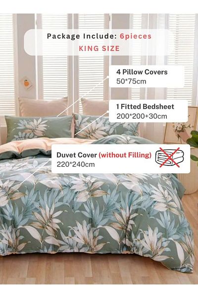 LUNA HOME King size 6 piece bedding set with green leaf pattern, very soft quality 220x240cm.