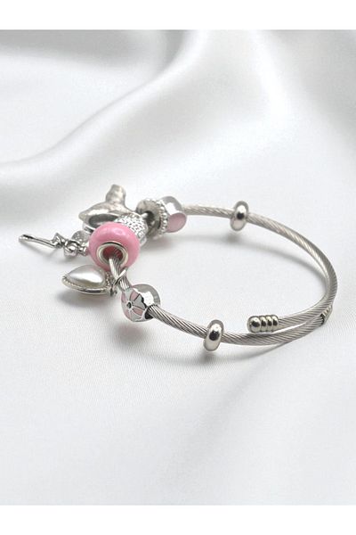 TAKI DERYASI Pink Heart Compatible Steel Charm Bracelet