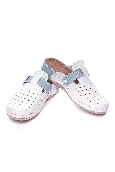Tellus Women's Leather Medical Clogs 25-09, White With Blue
