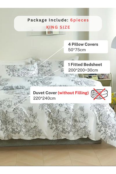 LUNA HOME King size 6 piece floral bedding set in black and white vintage style 220x240cm.