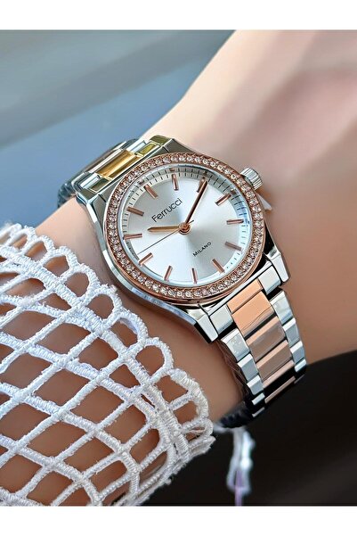 Ferrucci Milano Kadın Kol Saati – Taş Süslemeli Çerçeve, Rose-Gümüş Metal Kordon