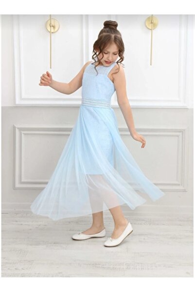 ÖZNUR GİYİM Belden Tüllü Zarif Kız Cocuk Mavi Mezuniyet Düğün Abiye Elbisesi
