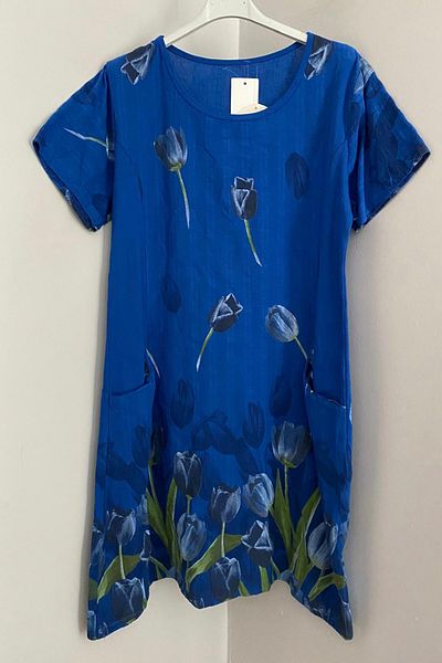 AYASOFYA OTANTIK Women's Italian Saks Blue Tulip Pattern Short Sleeve Cotton Midi Dress with Bag Pocket