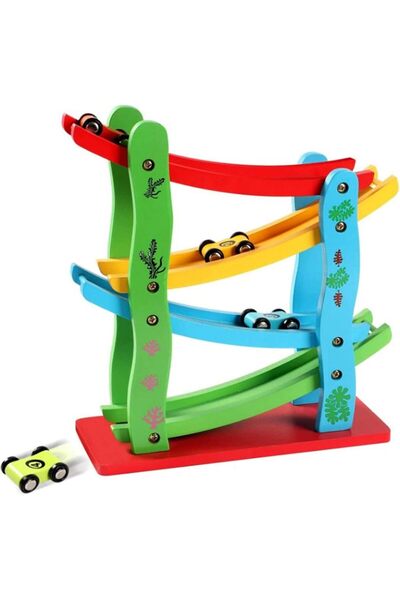 Generic Wooden Car Ramp Racer Toy, Race Track Car Games with 4 Small Racers