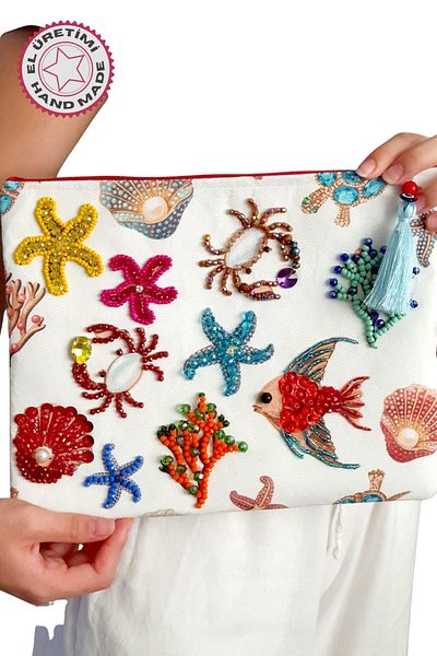 Uretti - Sümeyya 2589 8814 Handmade Ethnic Sea Themed Bead Embroidered - Light Blue Tasseled Clutch