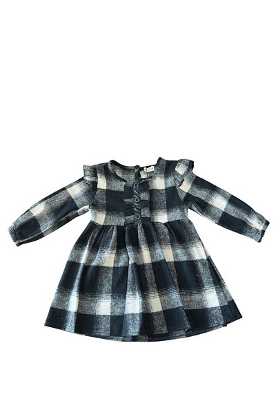 Kamex Καρό KarE Pattern Lumberjack Ruffle Μακρυμάνικο Δερμάτινο Κοριτσίστικο Φόρεμα με λεπτομέρεια με κουμπιά