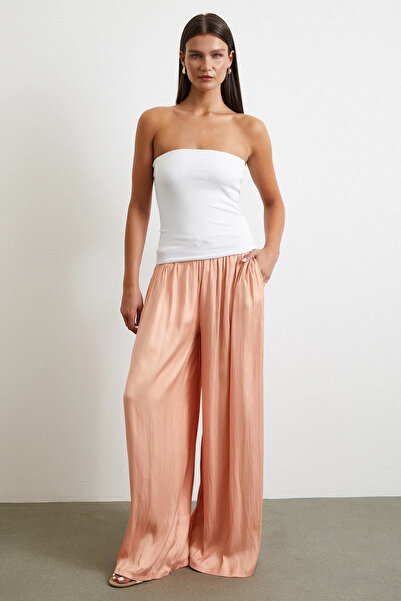 Never more Wide Leg Gathered Trousers with Elastic Waist Powder