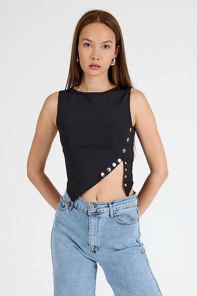 Rays Black Snap Detailed Asymmetric Cut Sleeveless Blouse 2494