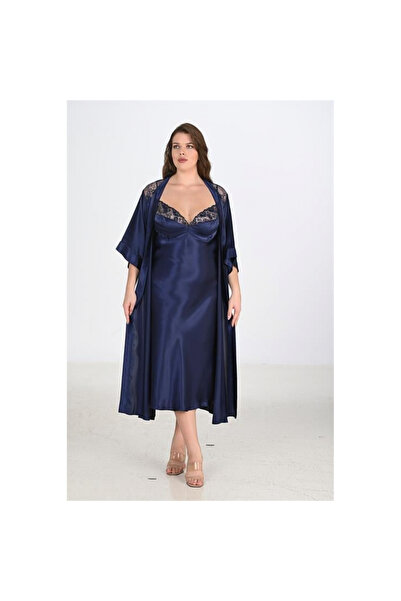 MİRALİVE Marsilyan- 2-Piece Navy Blue Dressing Gown Set Bigsize 6228